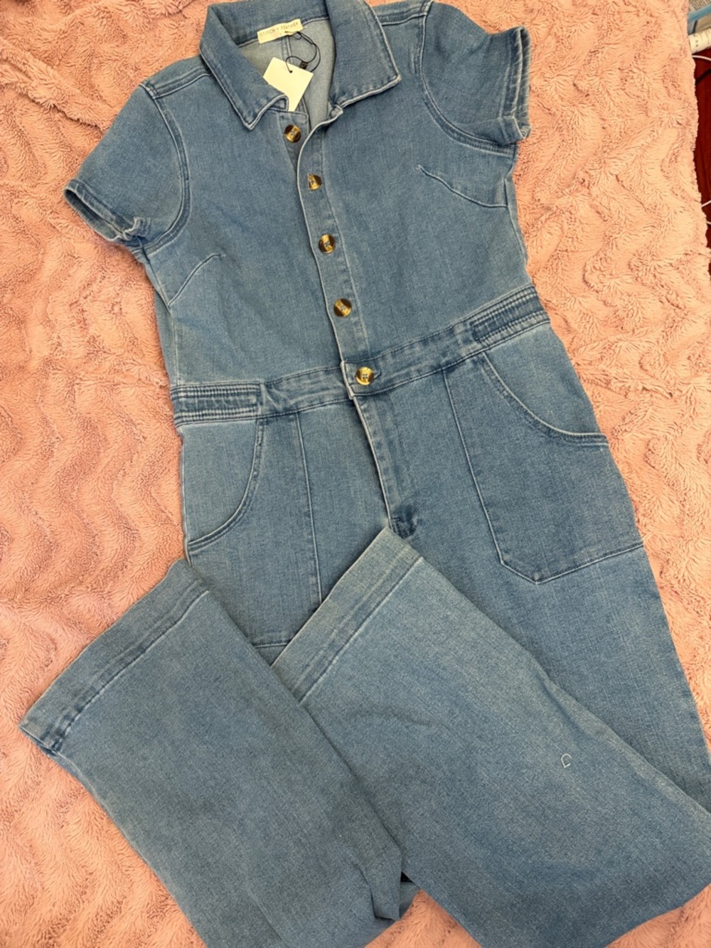 Light Blue Denim Short-Sleeve Jean Overalls - Women's